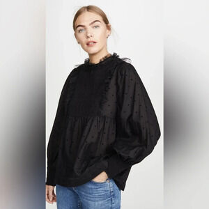 THE GREAT. The Portrait Tulle-Trimmed Flocked Cotton-Blend Voile Smocked Blouse